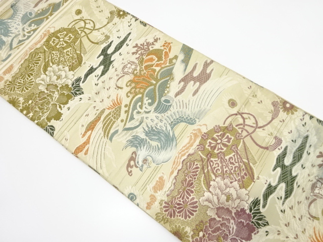 JAPANESE KIMONO / ANTIQUE MARU OBI / WOVEN PHOENIX & TREASURES